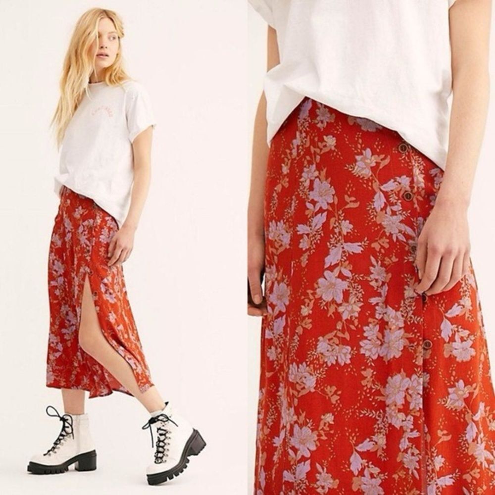 Free People Red Floral Midi Skirt